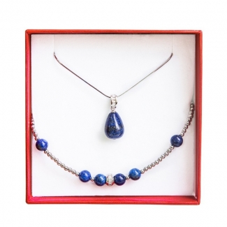 Cadou: Sal matase big flowers navy si set bijuterii argint lapis lazuli