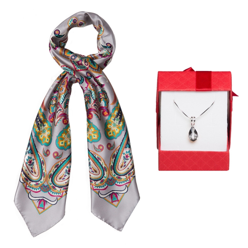 Gift: Silk scarf Endless Paisley Grey and silver pendant Swarovski