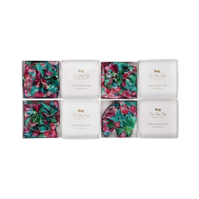 Eşarfă cu volan flori roşii pe fond verde 