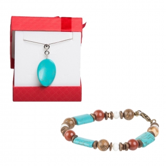 Gift: Silver pendant turquoise oval and Mixed Jasper, White pearl and Turquoise bracelet