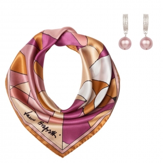 Gift: Abstract terra pastel Silk scarf and Swarovski Lovely Pearls silver earrings