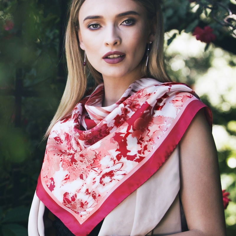 Gift: Radiant pink flowers Silk scarf and Swarovski Red Siam silver earrings