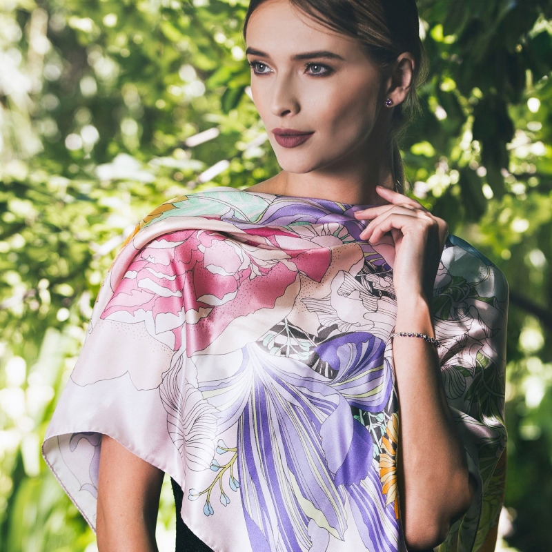 Japanese flowers pale pink silk scarf