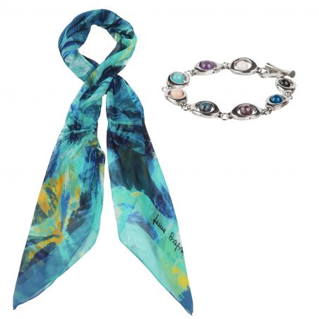 Gift: Turcoise irises georgette silk scarf and Mixed gemstone beads bracelet
