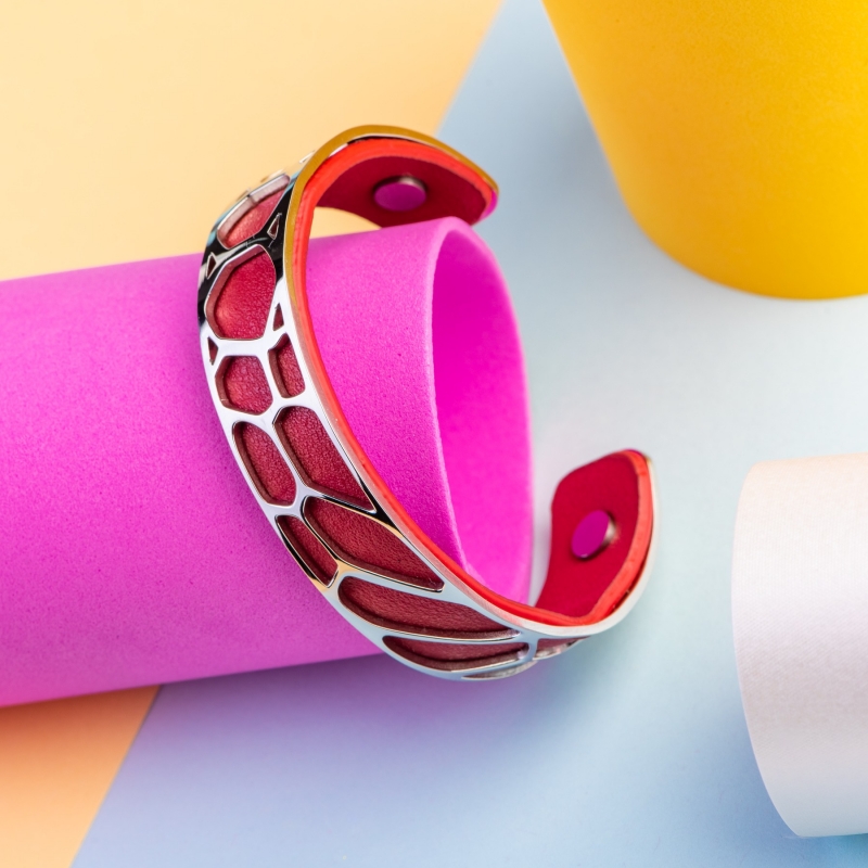 Bratara inox cu piele naturala rosie