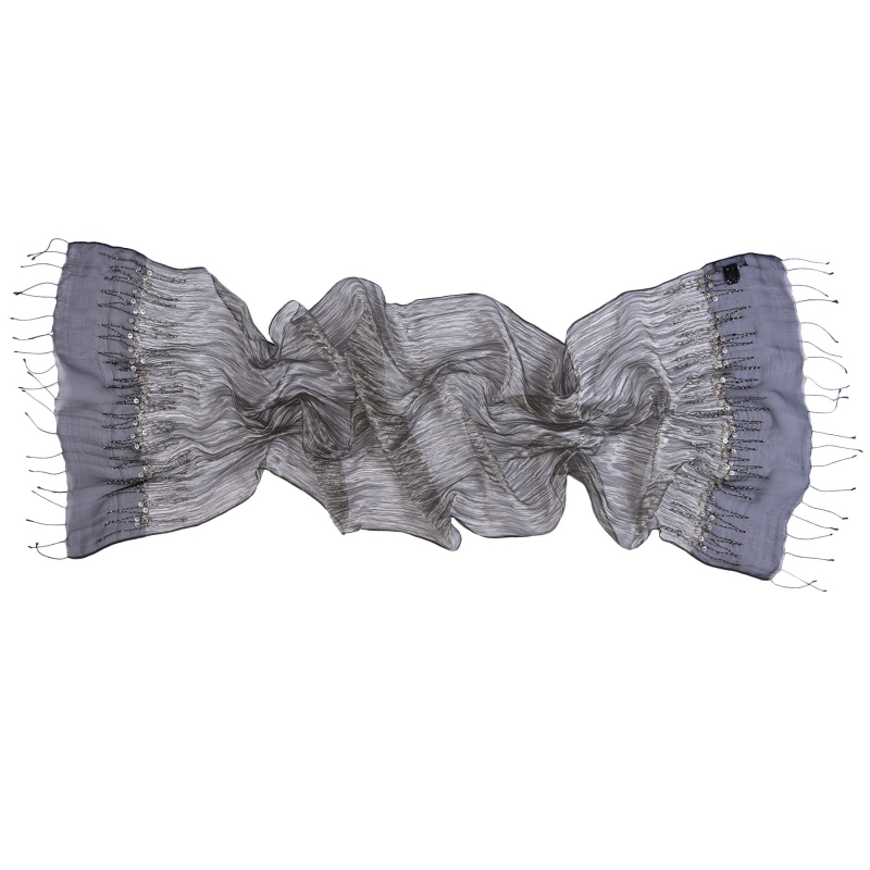 Silk scarf with silver-metallic wire and applied metal flowers