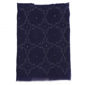 Navy silk and cotton scarf with silver thread and pearls