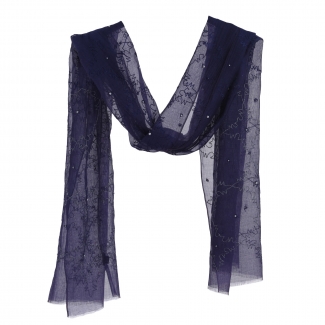 Navy silk and cotton scarf with silver thread and pearls