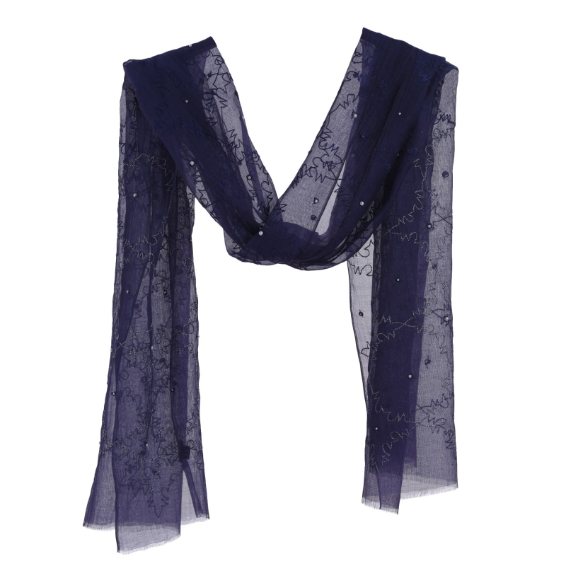 Navy silk and cotton scarf with silver thread and pearls