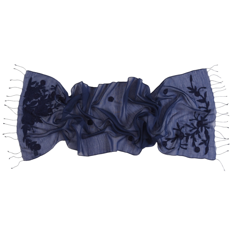 Navy Marina D'Este silk and wool scarf with applied flowers