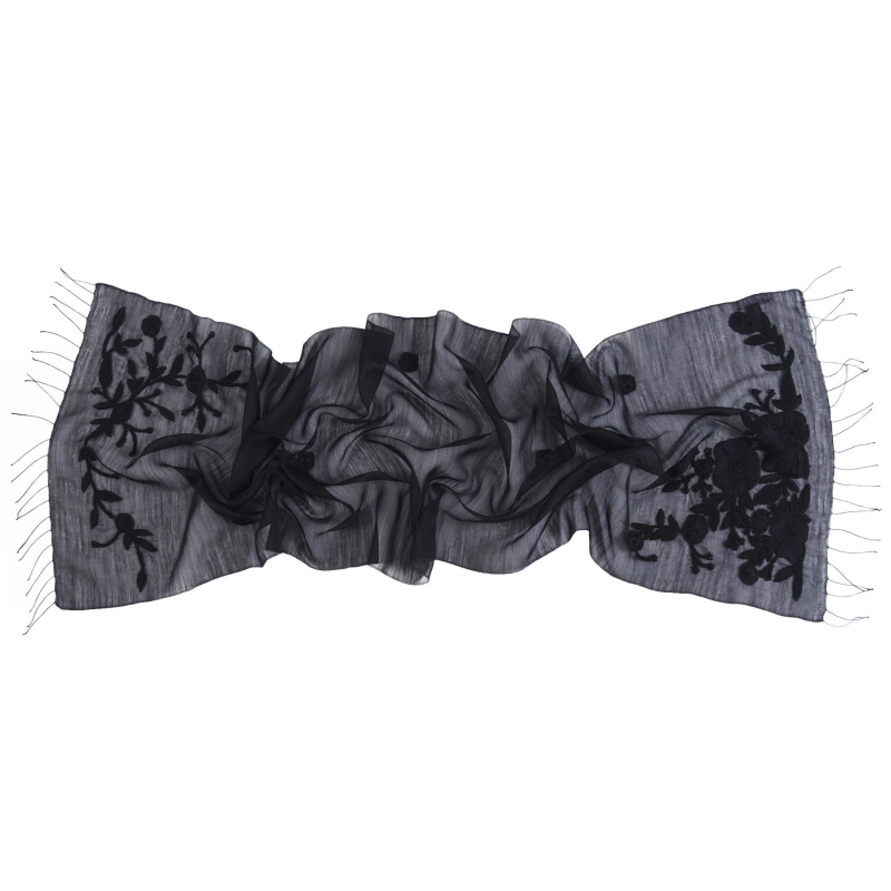Silk and wool black Marina D'Este scarf with applied flowers