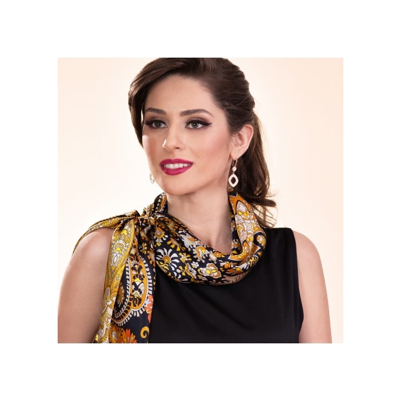 Cadou Esarfa matase Bohemian Paisley Black  si Cercei argint Prestige