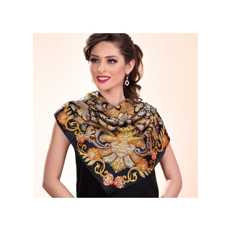 Cadou Esarfa matase Bohemian Paisley Black  si Cercei argint Prestige