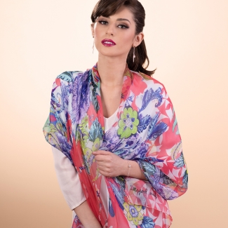 Silk shawl Exotique flowers corai