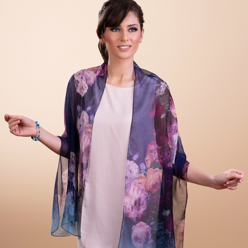 Silk shawl Buchete Albastru