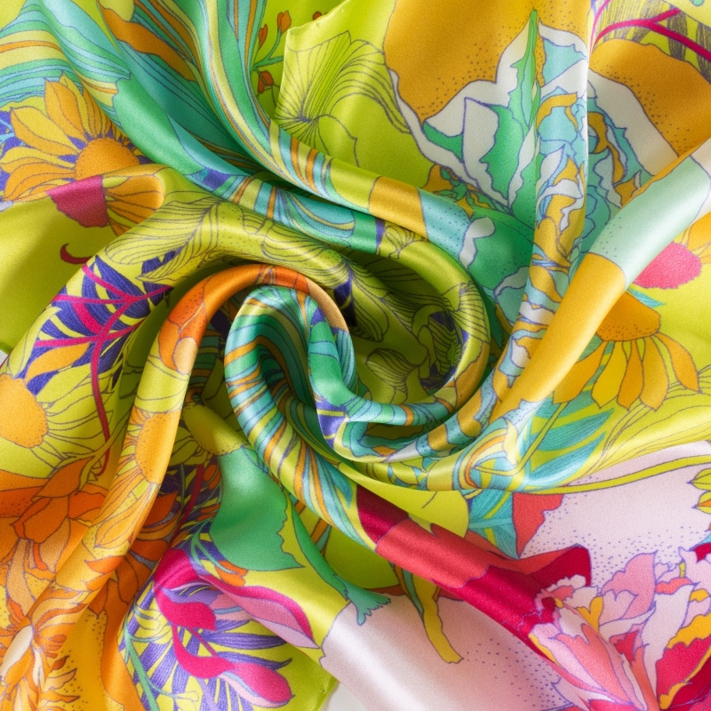 Silk scarf S Japanese flowers greenery