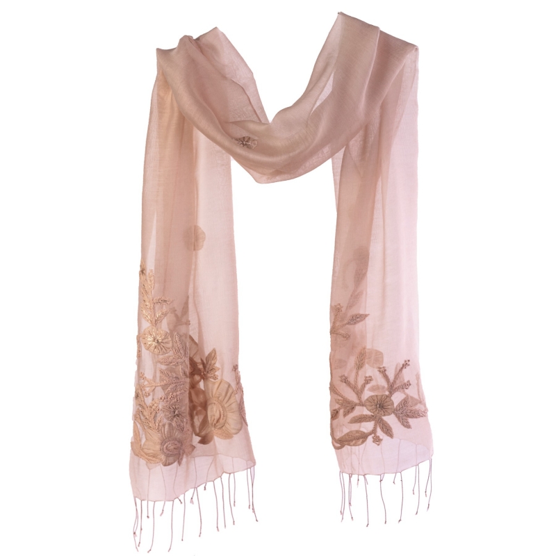 Esarfa lana si matase Marina D' Este flori aplicate pe bej