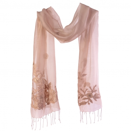 Esarfa lana si matase Marina D' Este flori aplicate pe bej