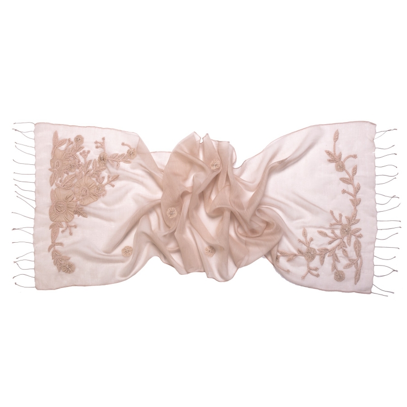 Wool and silk beige scarf Marina D' Este with applied flowers