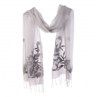 Esarfa lana si matase Marina D' Este flori aplicate pe gri