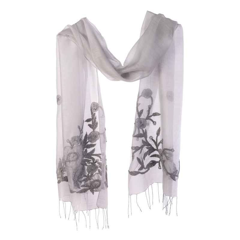Esarfa lana si matase Marina D' Este flori aplicate pe gri