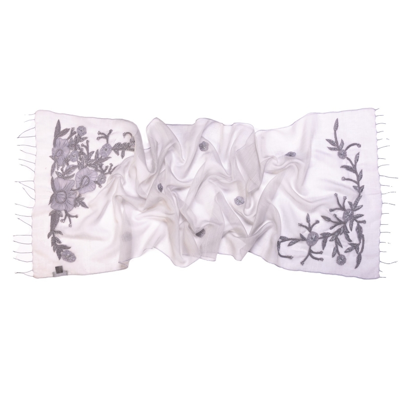 Wool and silk grey scarf Marina D' Este with applied flowers