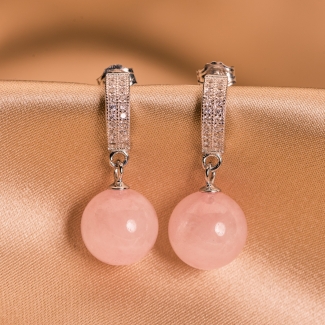 Sterling Silver Earrings round pink quartz