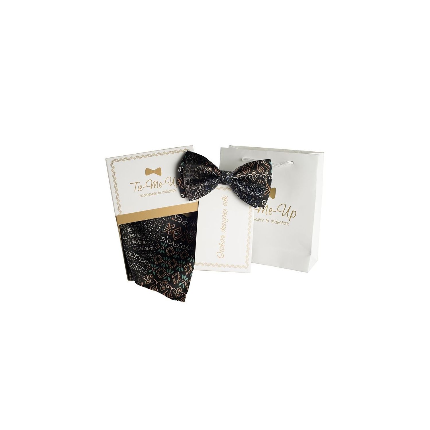 Luxury gifts for men: natural silk bowtie and handkerchief etno black